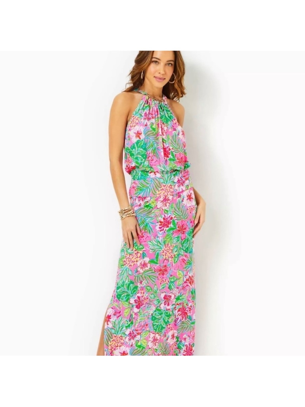 Lilly Pulitzer Pink & Green Tropical Halter Maxi Skirt